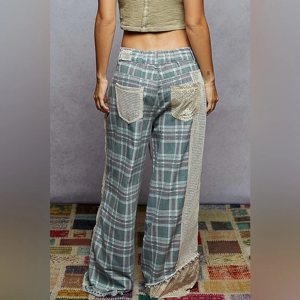 NWT POL Plaid 90’s Grunge Patchwork Crochet Wide Leg Pants Jeans Denim - Picture 7 of 7
